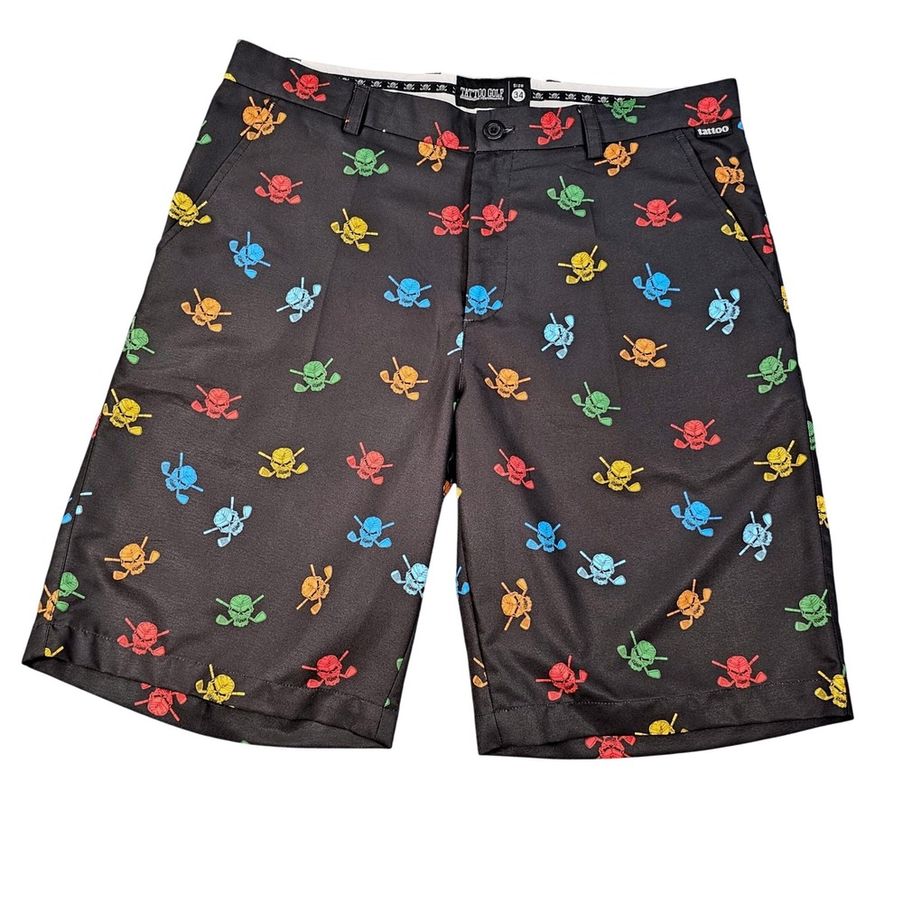 Tattoo Golf Performance Mens Shorts Size‎ 34 Black Multi Color Skull Clubs Print